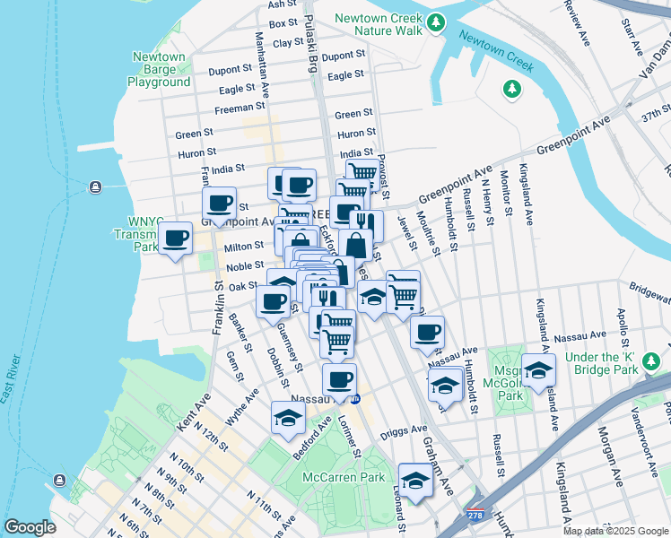 map of restaurants, bars, coffee shops, grocery stores, and more near 257 Eckford Street in Brooklyn