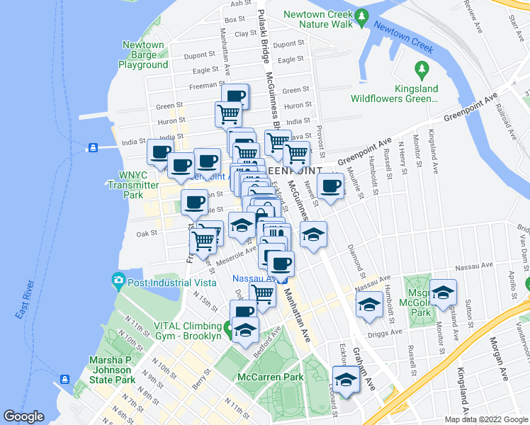 map of restaurants, bars, coffee shops, grocery stores, and more near 802 Manhattan Avenue in Brooklyn
