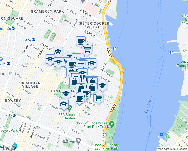 map of restaurants, bars, coffee shops, grocery stores, and more near 641 East 13th Street in New York