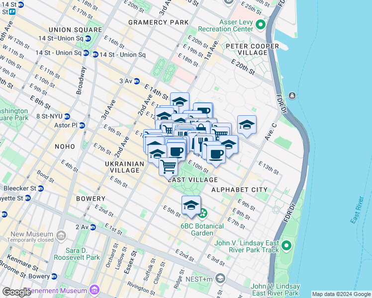 map of restaurants, bars, coffee shops, grocery stores, and more near 502 East 11th Street in New York