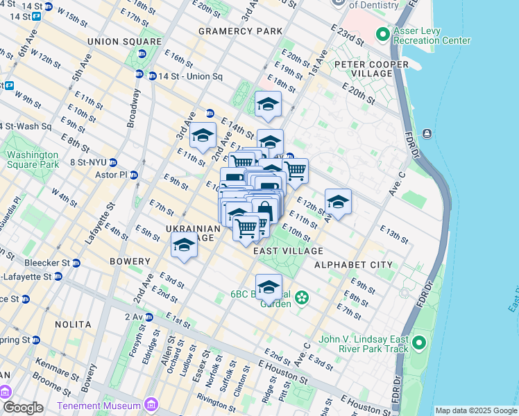 map of restaurants, bars, coffee shops, grocery stores, and more near 291 East 10th Street in New York