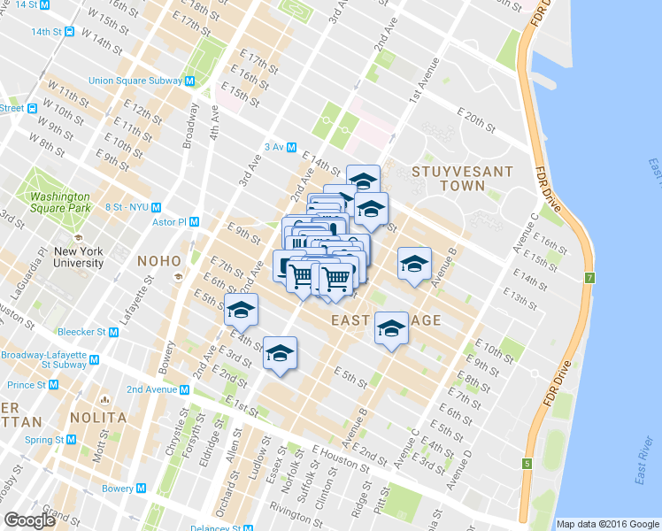 map of restaurants, bars, coffee shops, grocery stores, and more near 246 East 10th Street in New York