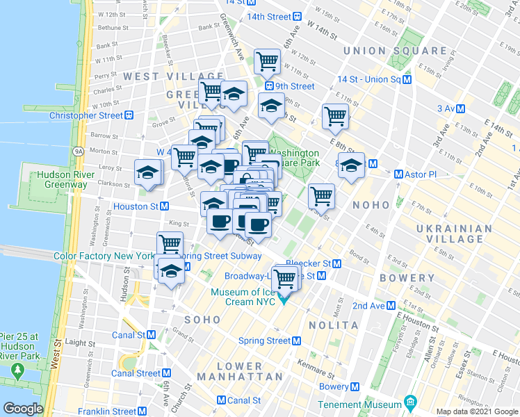 map of restaurants, bars, coffee shops, grocery stores, and more near 510 LaGuardia Place in New York