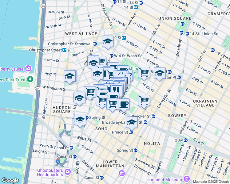 map of restaurants, bars, coffee shops, grocery stores, and more near 145 Bleecker Street in New York