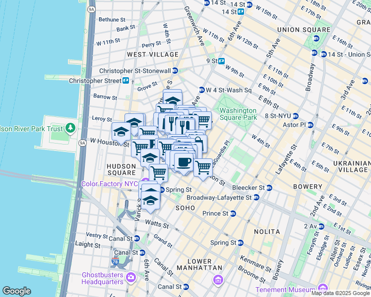 map of restaurants, bars, coffee shops, grocery stores, and more near Ave of the Americas in New York