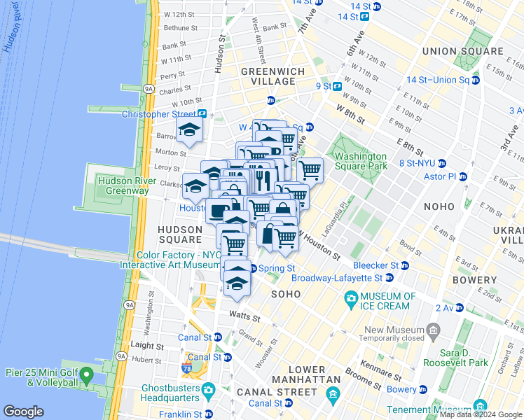 map of restaurants, bars, coffee shops, grocery stores, and more near 29 King Street in New York