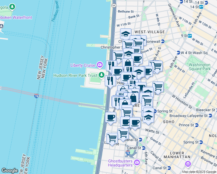 map of restaurants, bars, coffee shops, grocery stores, and more near 92 Hudson River Greenway in New York