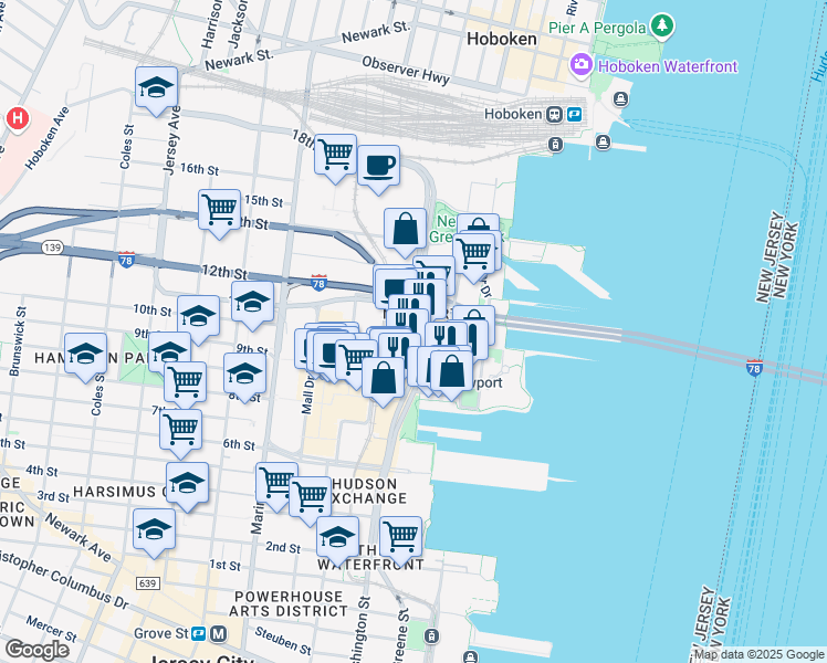 map of restaurants, bars, coffee shops, grocery stores, and more near 540 Washington Boulevard in Jersey City
