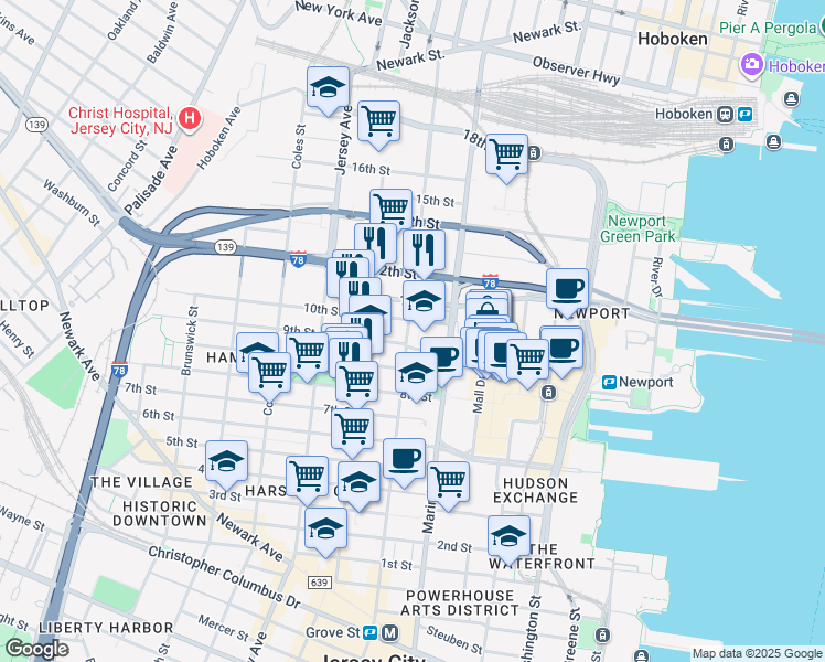 map of restaurants, bars, coffee shops, grocery stores, and more near 514 Manila Avenue in Jersey City