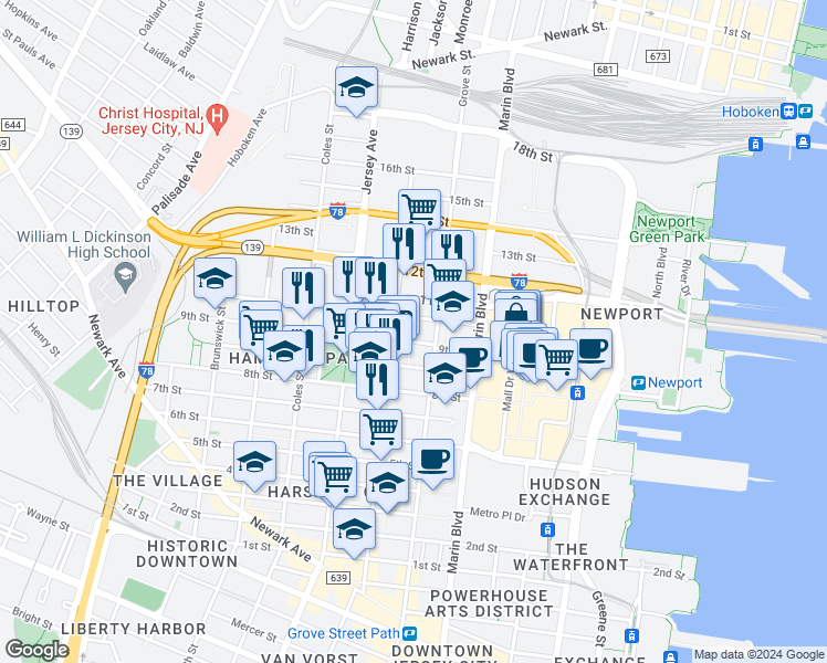 map of restaurants, bars, coffee shops, grocery stores, and more near 158 Erie Street in Jersey City