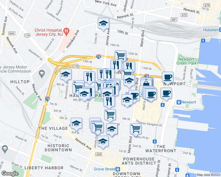 map of restaurants, bars, coffee shops, grocery stores, and more near 158 Erie Street in Jersey City