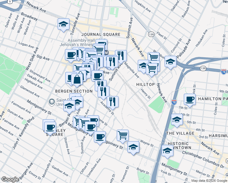 map of restaurants, bars, coffee shops, grocery stores, and more near 173 Baldwin Avenue in Jersey City
