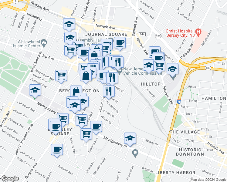 map of restaurants, bars, coffee shops, grocery stores, and more near 32 Rock Street in Jersey City