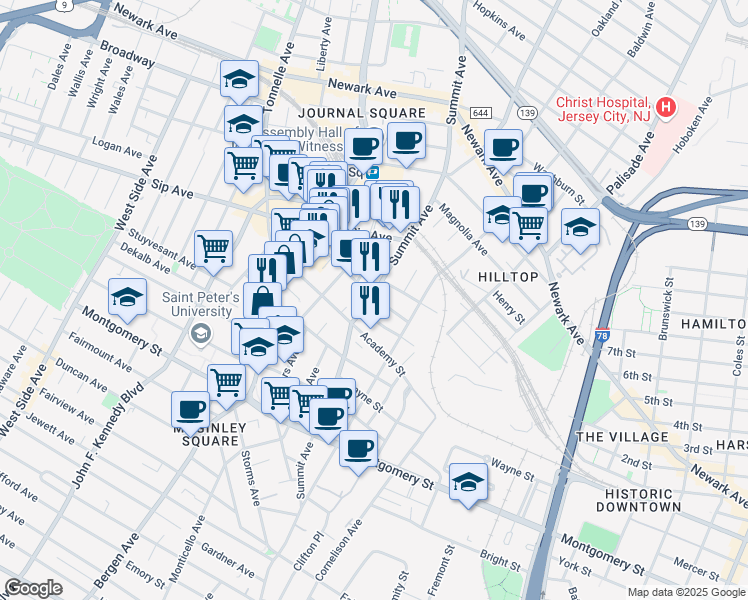 map of restaurants, bars, coffee shops, grocery stores, and more near 32 Rock Street in Jersey City