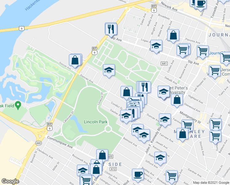 map of restaurants, bars, coffee shops, grocery stores, and more near 251 Duncan Avenue in Jersey City