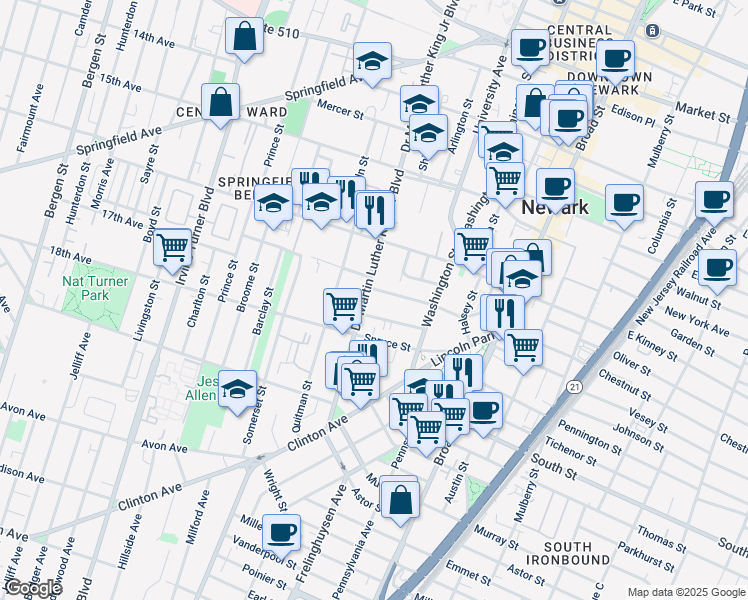 map of restaurants, bars, coffee shops, grocery stores, and more near 710 Doctor Martin Luther King Junior Boulevard in Newark