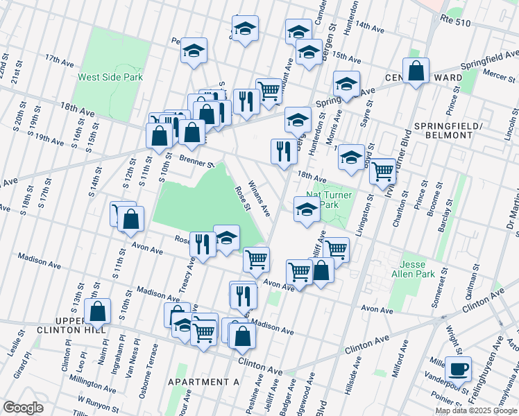 map of restaurants, bars, coffee shops, grocery stores, and more near 217 Rose Street in Newark