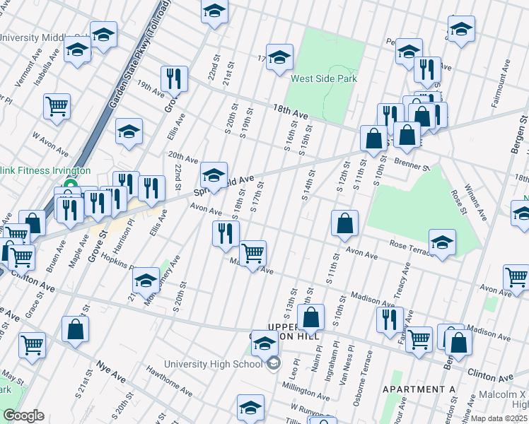 map of restaurants, bars, coffee shops, grocery stores, and more near 439 Avon Avenue in Newark