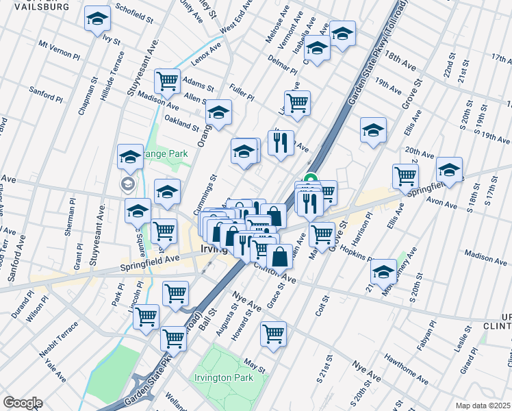 map of restaurants, bars, coffee shops, grocery stores, and more near 57 Washington Avenue in Irvington
