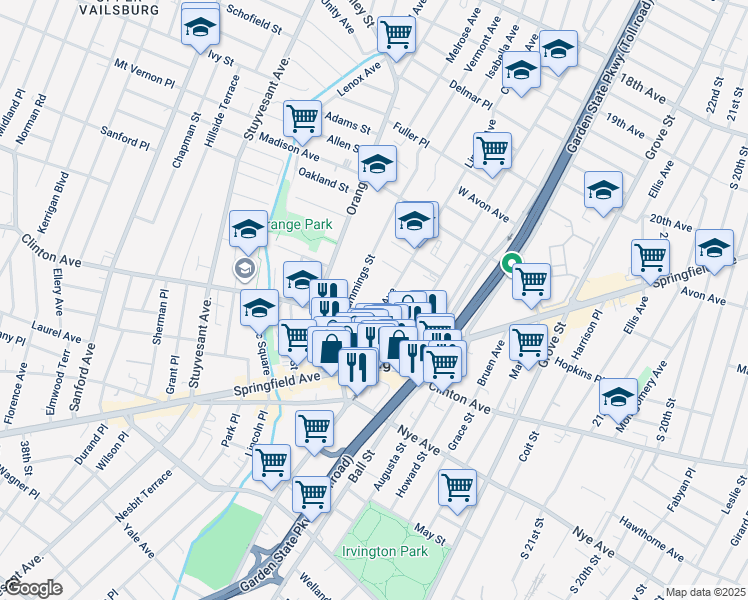 map of restaurants, bars, coffee shops, grocery stores, and more near 25 Linden Avenue in Irvington