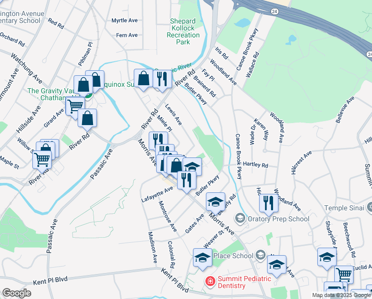 map of restaurants, bars, coffee shops, grocery stores, and more near 24 Aubrey Street in Summit