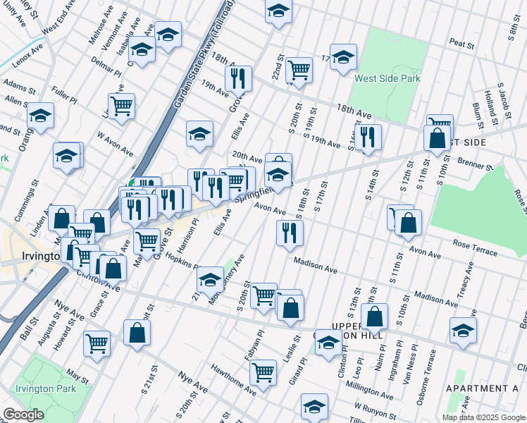 map of restaurants, bars, coffee shops, grocery stores, and more near 510 Avon Avenue in Newark