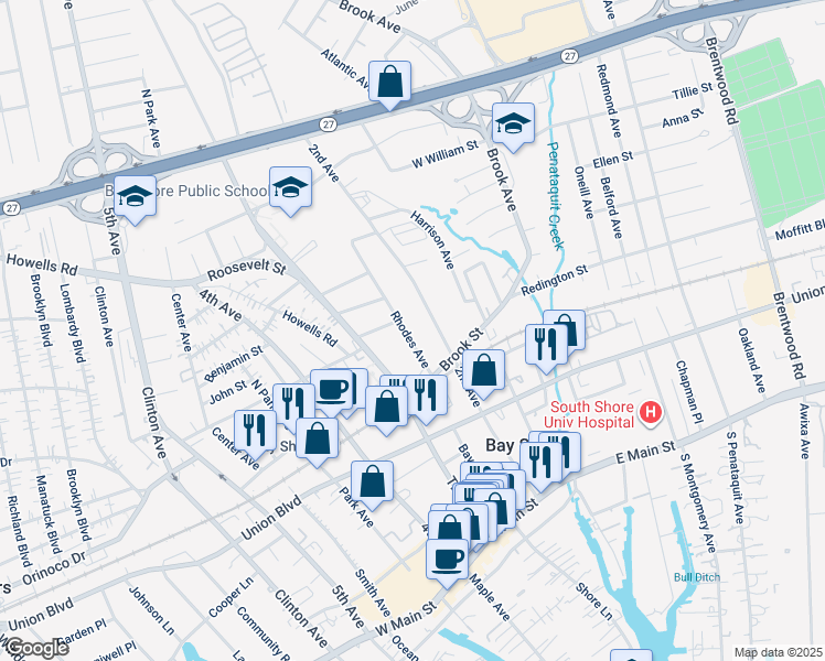 map of restaurants, bars, coffee shops, grocery stores, and more near 11 Rhodes Avenue in Bay Shore