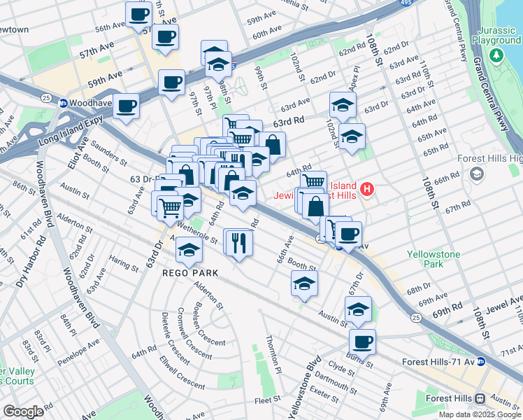 map of restaurants, bars, coffee shops, grocery stores, and more near Queens Boulevard & 65th Road in Queens