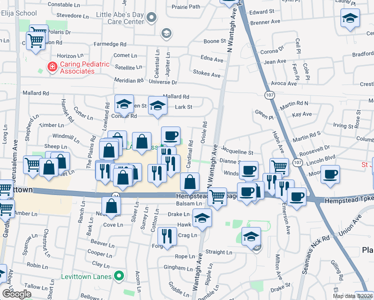 map of restaurants, bars, coffee shops, grocery stores, and more near 3601 Hempstead Turnpike in Levittown