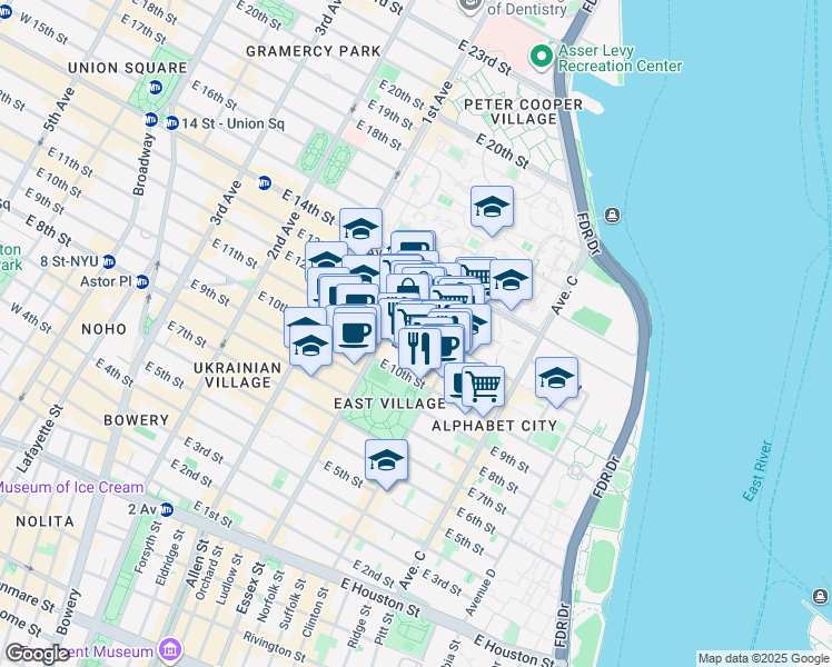 map of restaurants, bars, coffee shops, grocery stores, and more near 516 East 12th Street in New York