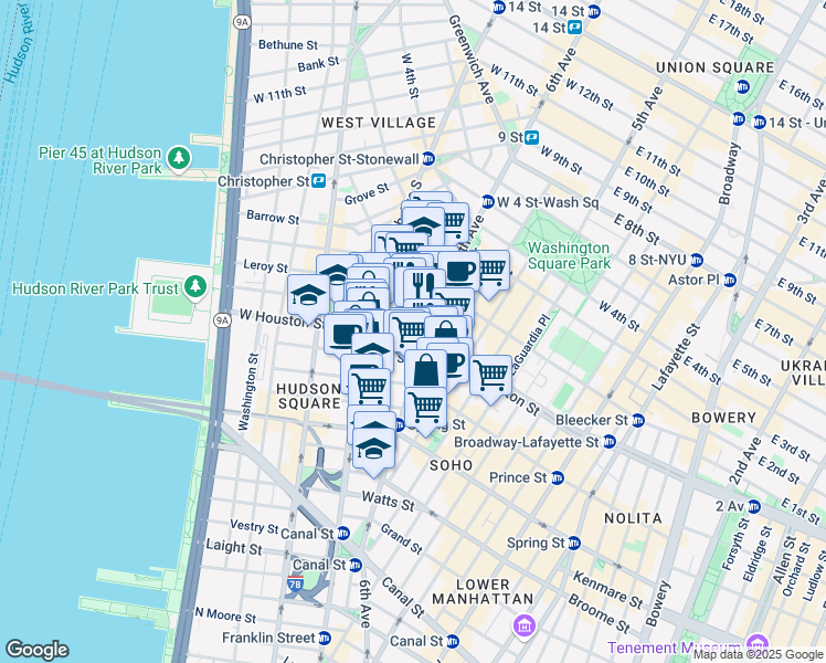 map of restaurants, bars, coffee shops, grocery stores, and more near 29 King Street in New York