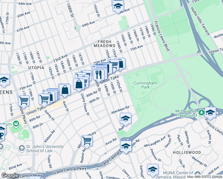 map of restaurants, bars, coffee shops, grocery stores, and more near 80-60 190th Street in Queens