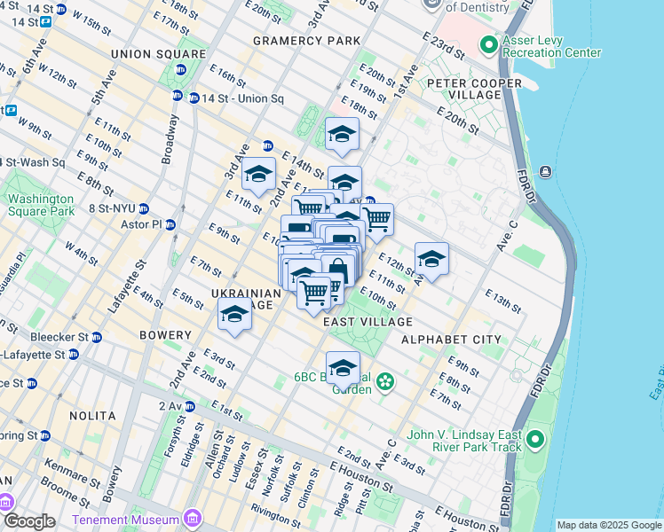 map of restaurants, bars, coffee shops, grocery stores, and more near 291 East 10th Street in New York