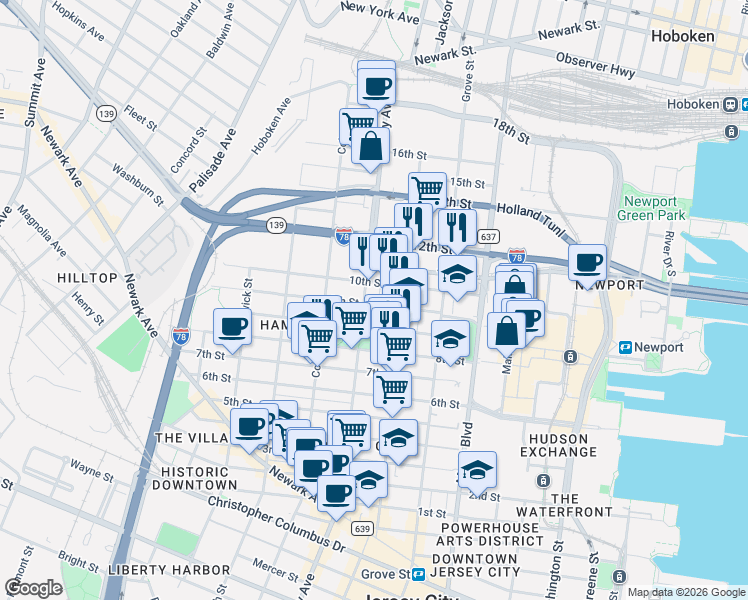 map of restaurants, bars, coffee shops, grocery stores, and more near 99 McWilliams Place in Jersey City