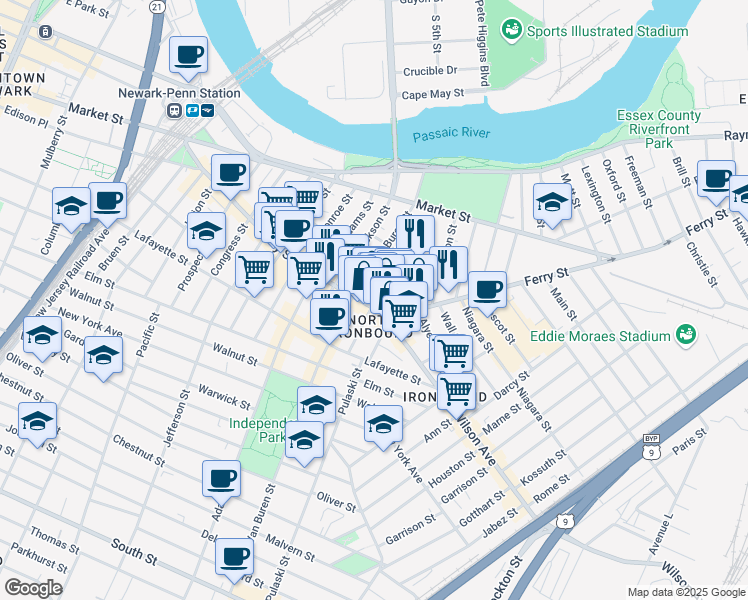 map of restaurants, bars, coffee shops, grocery stores, and more near 45 Merchant Street in Newark