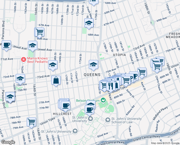 map of restaurants, bars, coffee shops, grocery stores, and more near in Queens