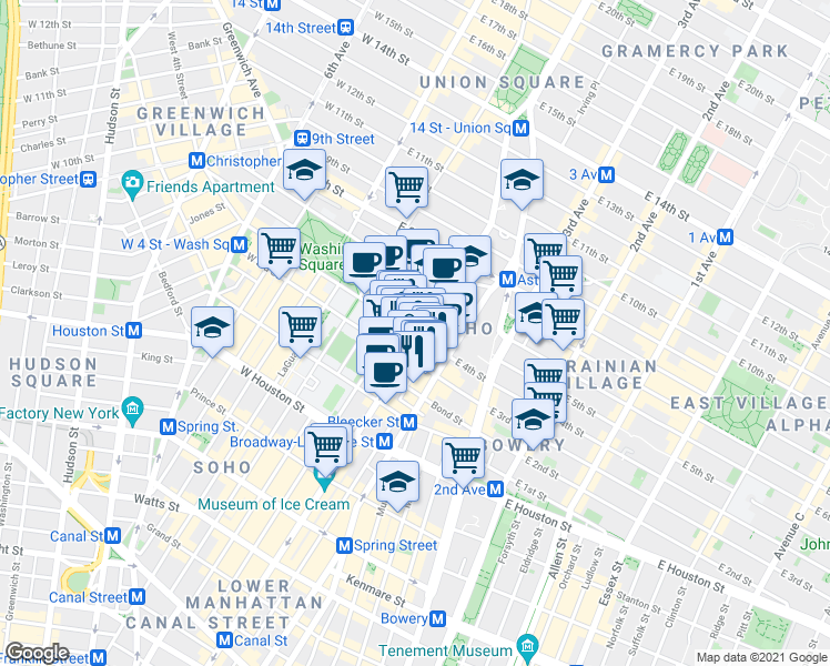 map of restaurants, bars, coffee shops, grocery stores, and more near 3 West 4th Street in New York