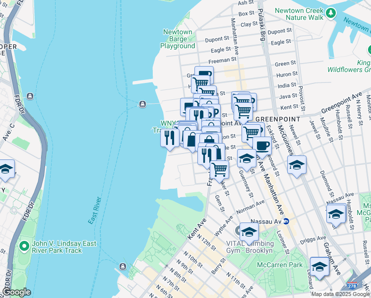 map of restaurants, bars, coffee shops, grocery stores, and more near 42 West Street in Brooklyn