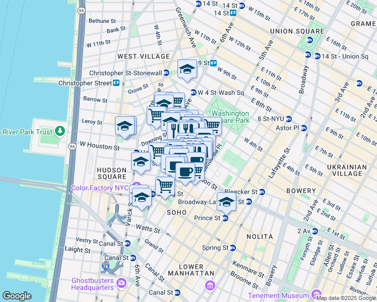 map of restaurants, bars, coffee shops, grocery stores, and more near 188 Sullivan Street in New York
