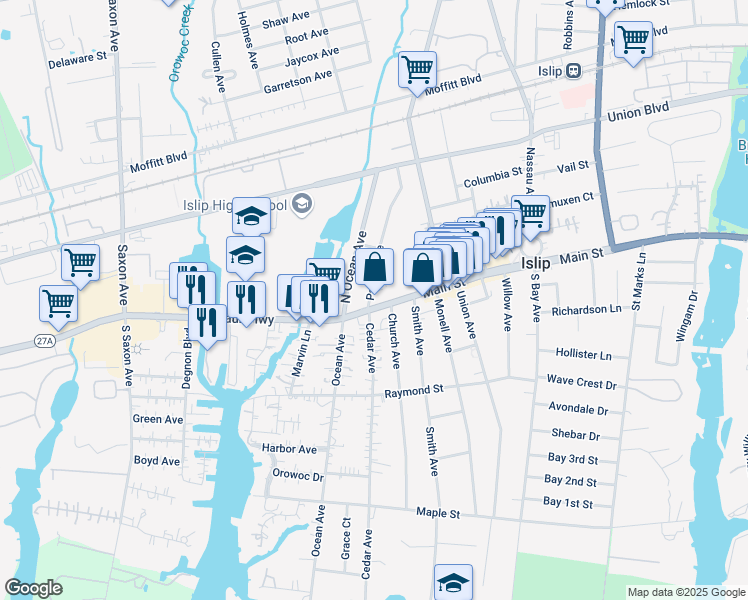 map of restaurants, bars, coffee shops, grocery stores, and more near 320 Main Street in Islip