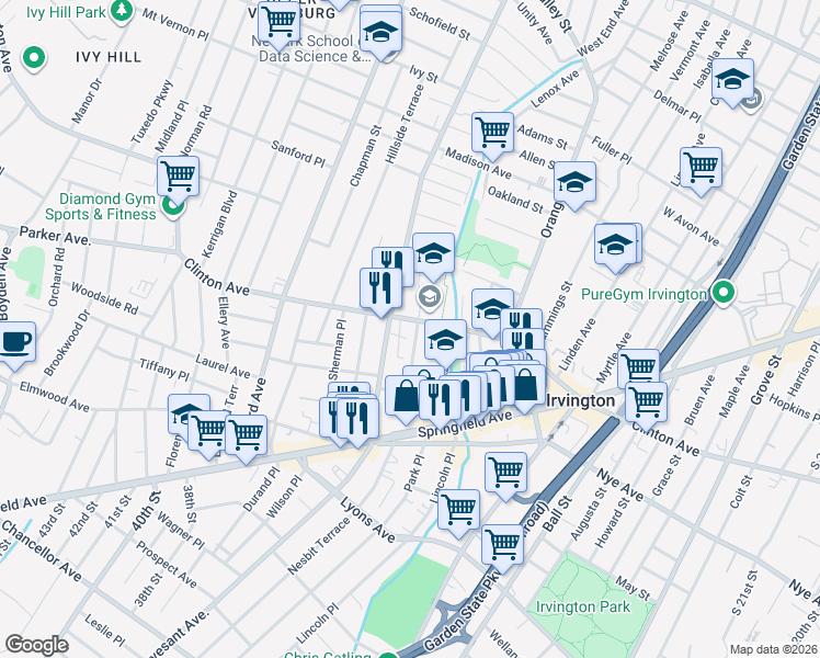 map of restaurants, bars, coffee shops, grocery stores, and more near 31 Civic Square West in Irvington