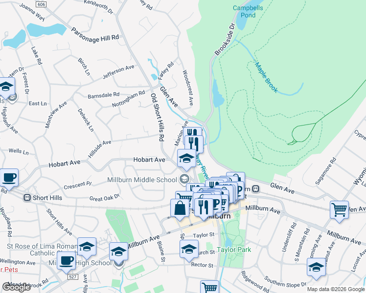map of restaurants, bars, coffee shops, grocery stores, and more near 23 Brookside Drive in Essex County