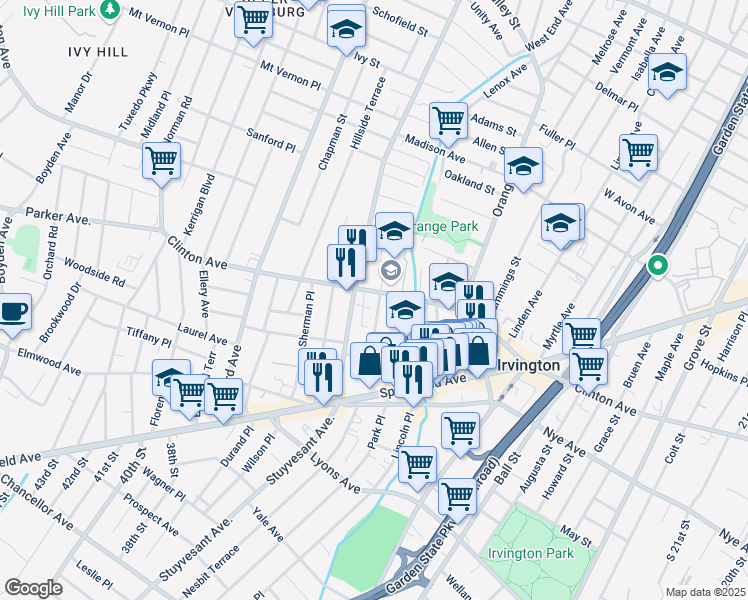map of restaurants, bars, coffee shops, grocery stores, and more near 31 Civic Square West in Irvington
