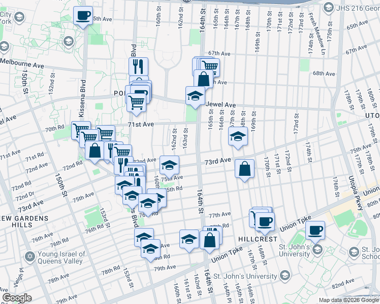 map of restaurants, bars, coffee shops, grocery stores, and more near 162-27 73rd Avenue in Queens
