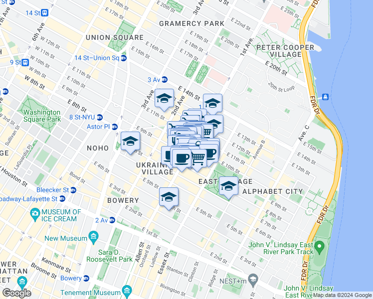 map of restaurants, bars, coffee shops, grocery stores, and more near 153 1st Avenue in New York