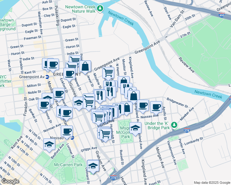 map of restaurants, bars, coffee shops, grocery stores, and more near 758 Humboldt Street in Brooklyn