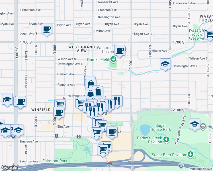 map of restaurants, bars, coffee shops, grocery stores, and more near 1167 Ramona Avenue in Salt Lake City
