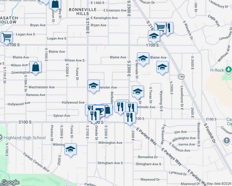 map of restaurants, bars, coffee shops, grocery stores, and more near 2225 Ramona Avenue in Salt Lake City