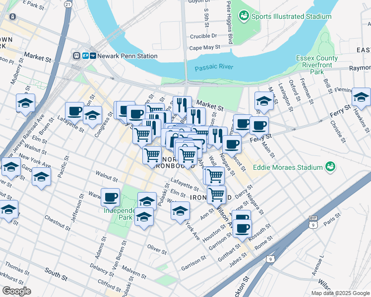 map of restaurants, bars, coffee shops, grocery stores, and more near 214 Ferry Street in Newark