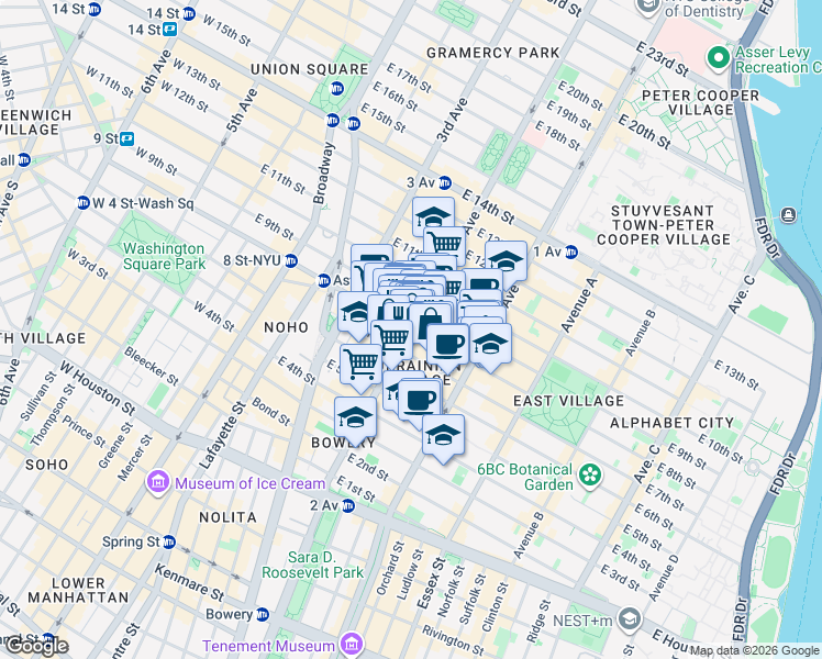 map of restaurants, bars, coffee shops, grocery stores, and more near 2nd Ave & St Mark's Pl in New York